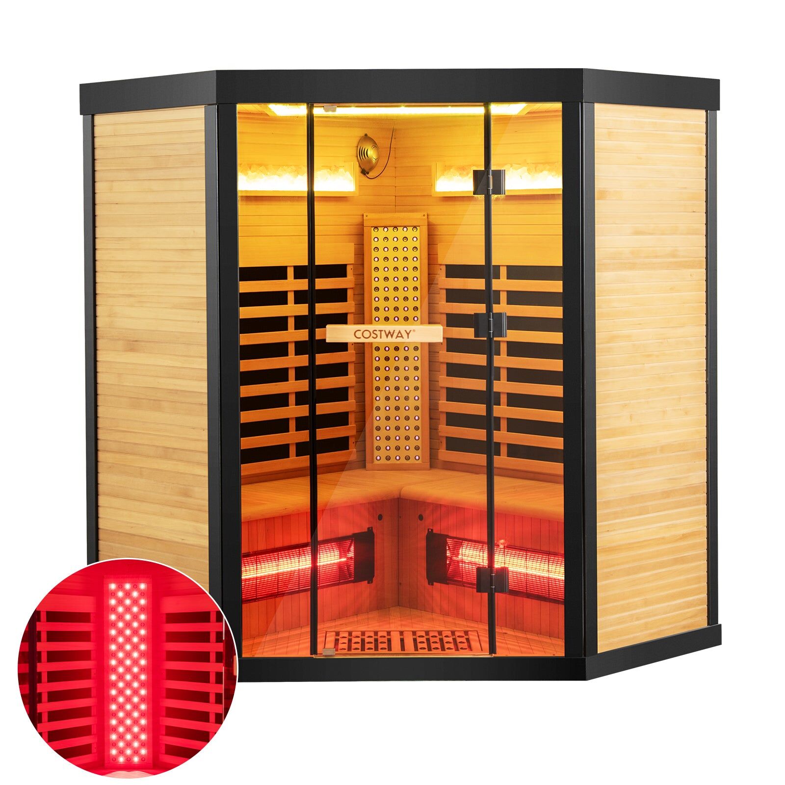4 Person - Full Spectrum Infrared Sauna with Salt Ions + Red Light Therapy - Canadian Hemlock Black Trim
